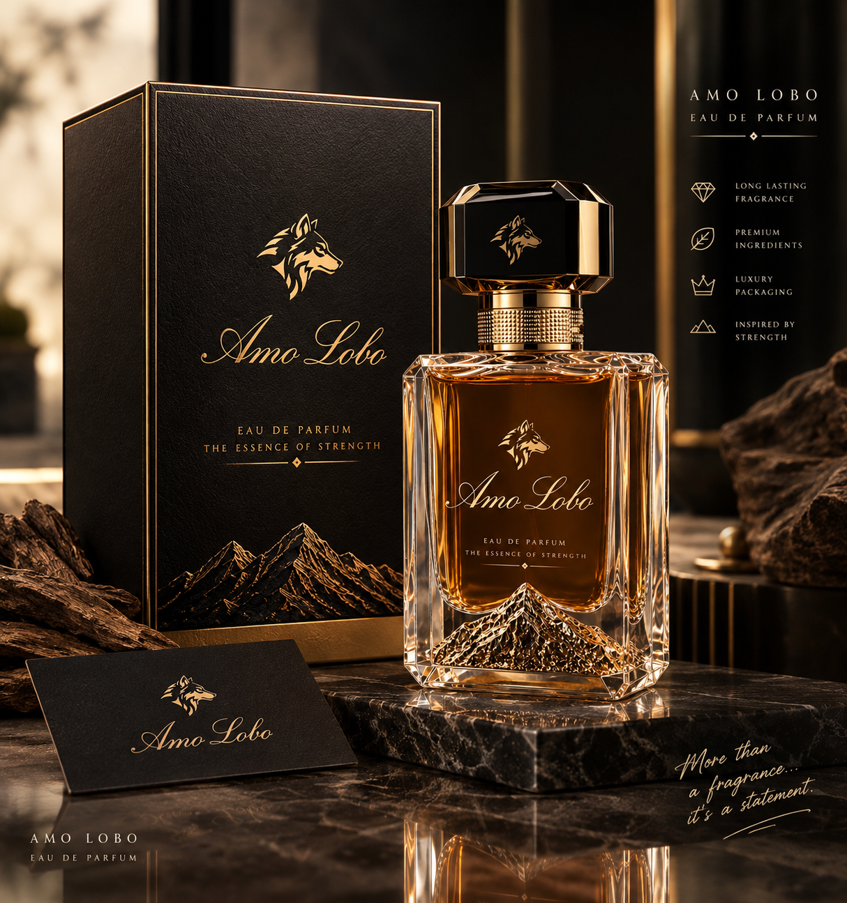 Amo Lobo Eau de Parfum bottle and box on marble — long lasting fragrance, premium ingredients