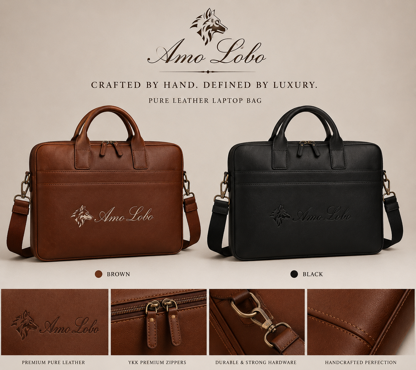 Craft details: premium leather, YKK zippers, strong hardware, handcrafted stitching