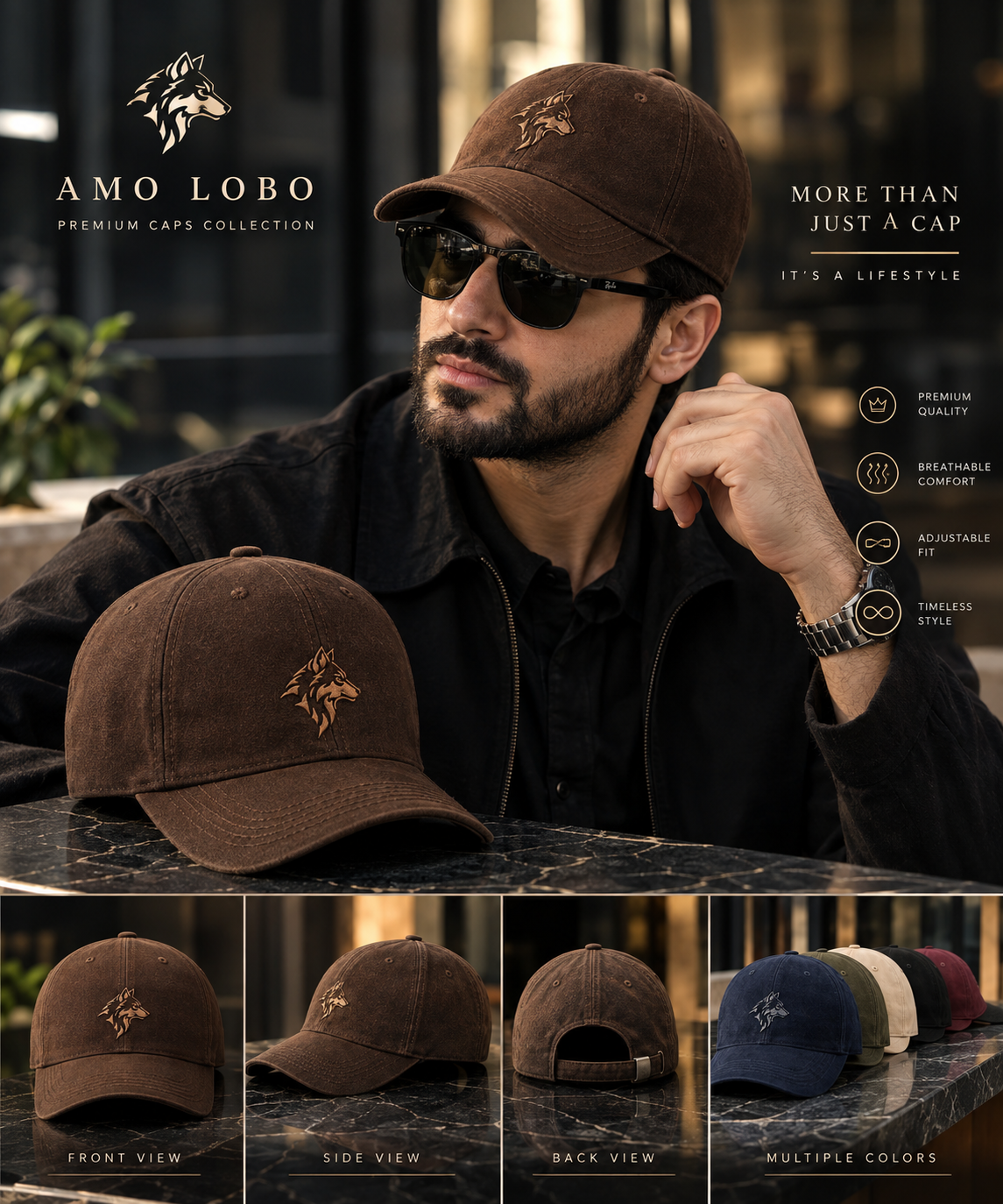 Amo Lobo premium caps collection — brown, black, navy, olive, tan, burgundy with embroidered wolf